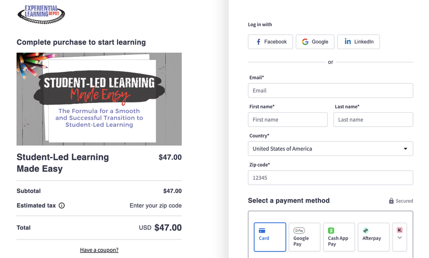 Student-centered learning course checkout page